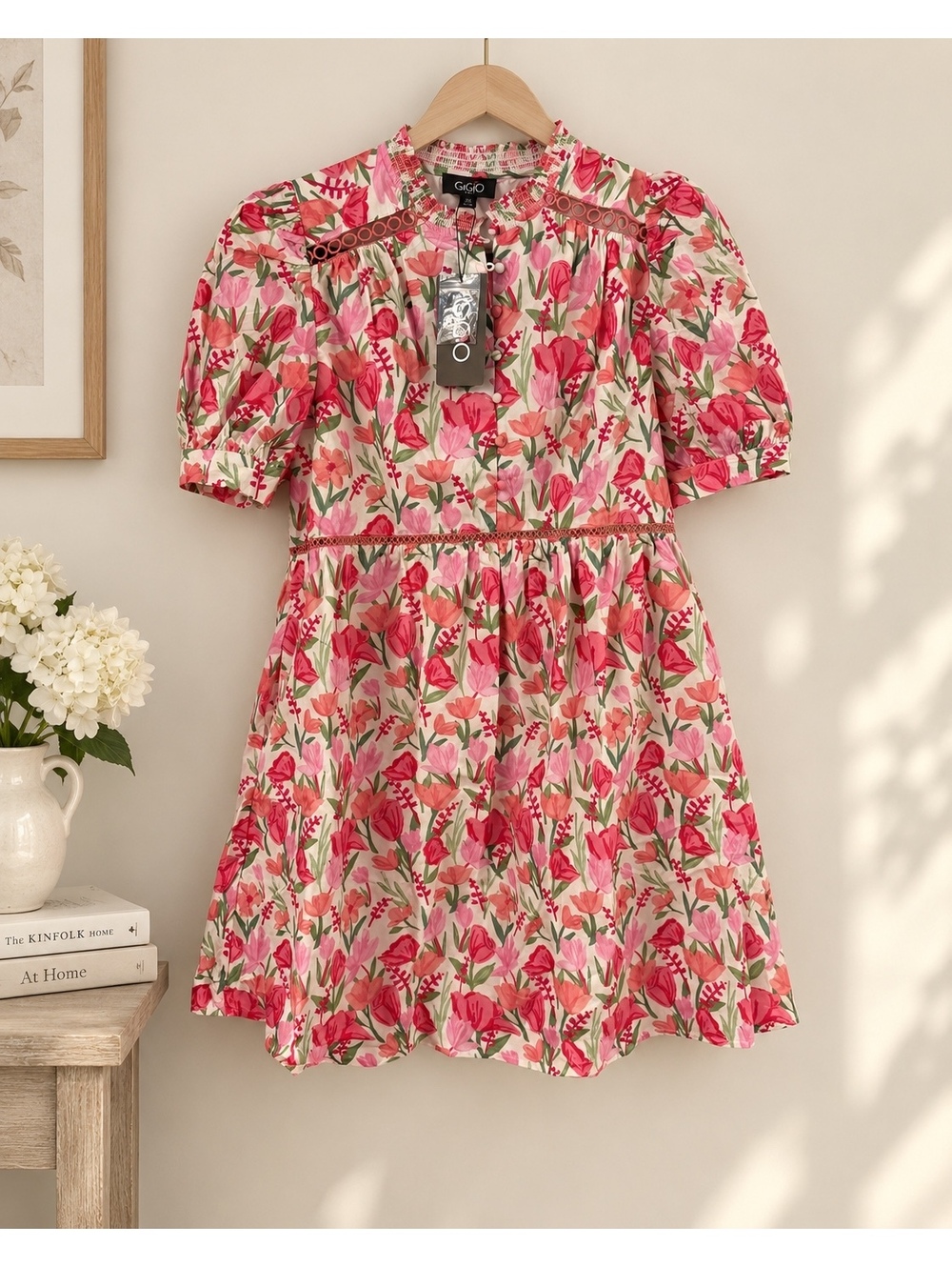 GiGiO Floral Cotton Dress Size Medium Pink Coral Tulip Print